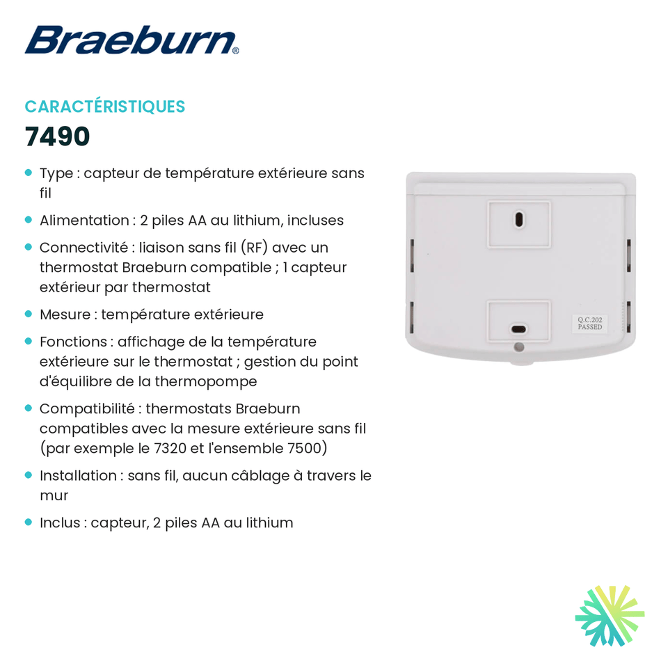 Fiche technique : Capteur sans fil BRAEBURN 7490 — AirGreen, Montréal, Laval, Longueuil, Rive-Sud et Rive-Nord