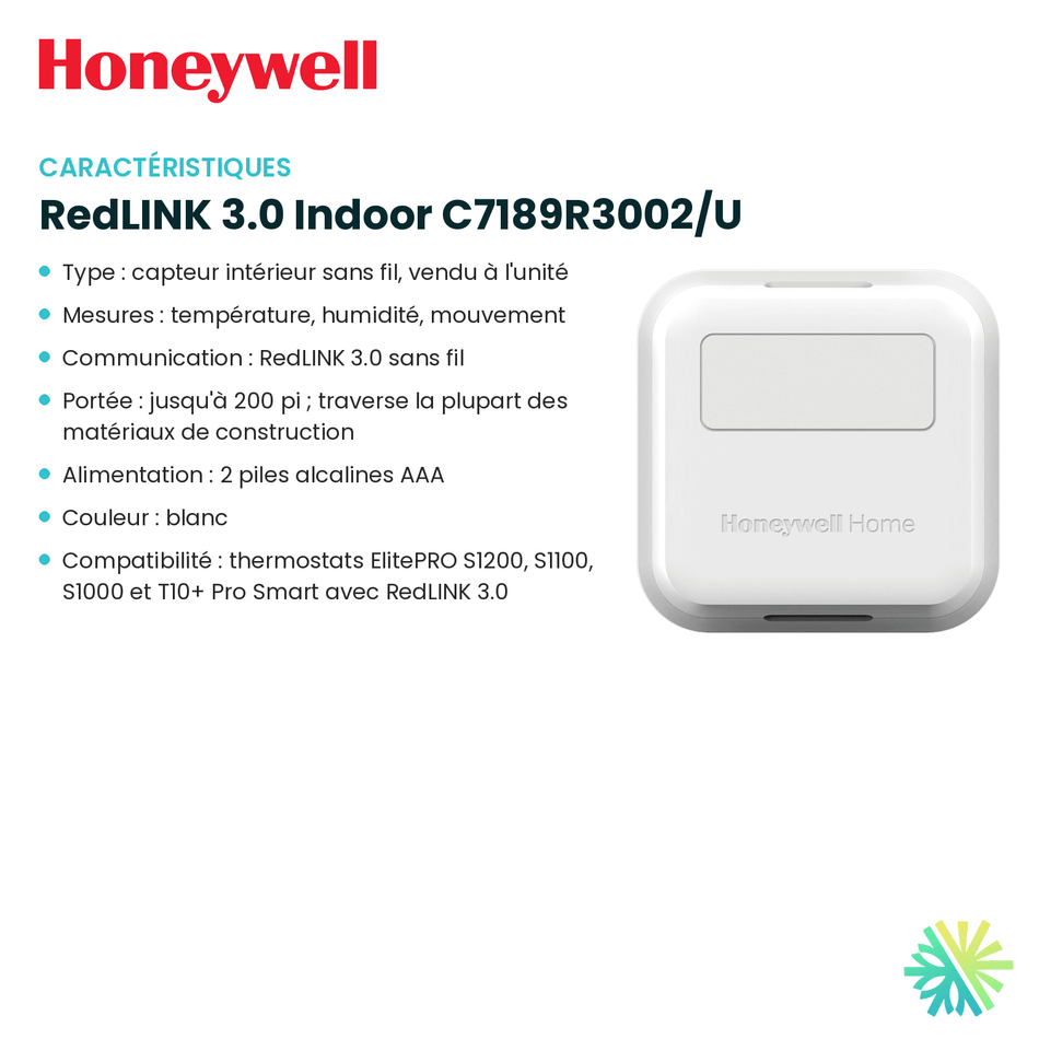 Fiche technique : Capteur sans fil HONEYWELL RedLINK 3.0 Indoor C7189R3002/U — AirGreen, Montréal, Laval, Longueuil, Rive-Sud et Rive-Nord