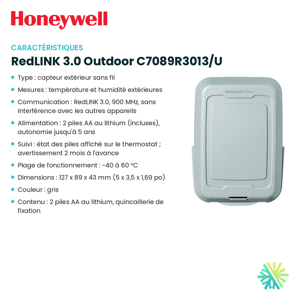 Fiche technique : Capteur sans fil HONEYWELL RedLINK 3.0 Outdoor C7089R3013/U — AirGreen, Montréal, Laval, Longueuil, Rive-Sud et Rive-Nord
