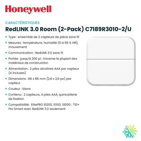 Fiche technique : Capteur sans fil HONEYWELL RedLINK 3.0 Room (2-Pack) C7189R3010-2/U — AirGreen, Montréal, Laval, Longueuil, Rive-Sud et Rive-Nord