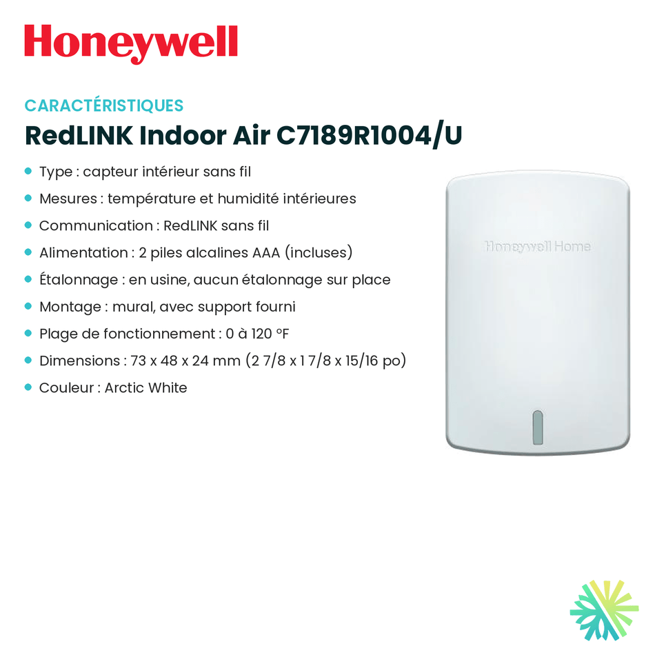 Fiche technique : Capteur sans fil HONEYWELL RedLINK Indoor Air C7189R1004/U — AirGreen, Montréal, Laval, Longueuil, Rive-Sud et Rive-Nord