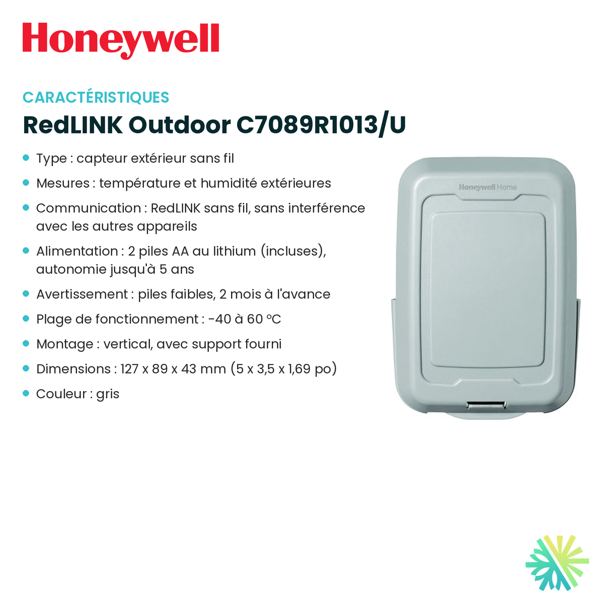Fiche technique : Capteur sans fil HONEYWELL RedLINK Outdoor C7089R1013/U — AirGreen, Montréal, Laval, Longueuil, Rive-Sud et Rive-Nord