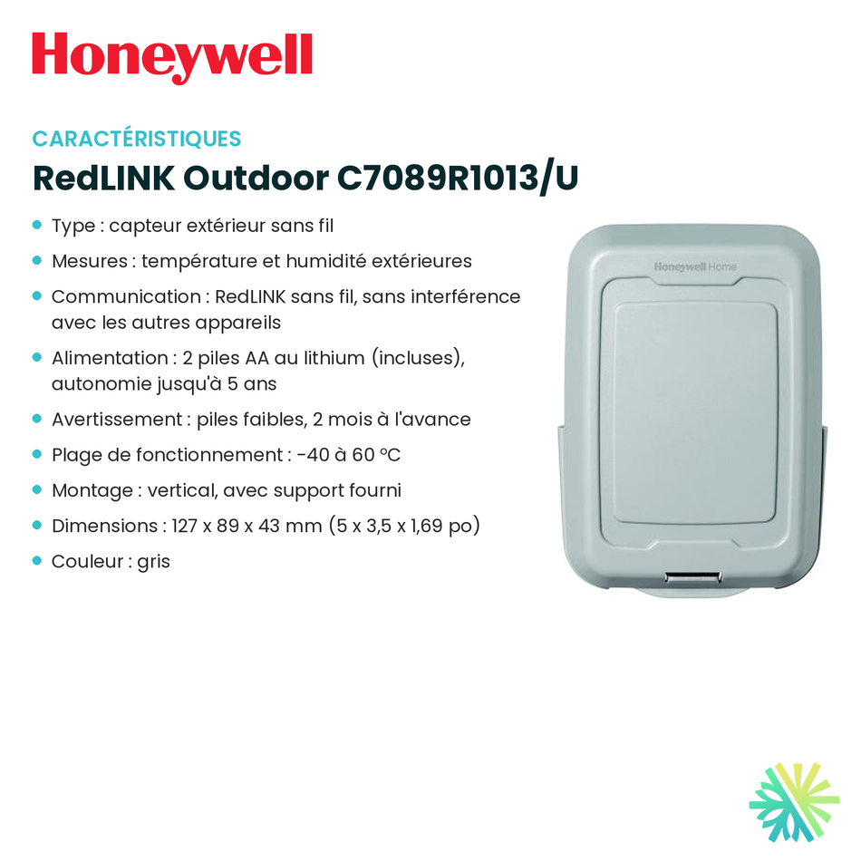 Fiche technique : Capteur sans fil HONEYWELL RedLINK Outdoor C7089R1013/U — AirGreen, Montréal, Laval, Longueuil, Rive-Sud et Rive-Nord