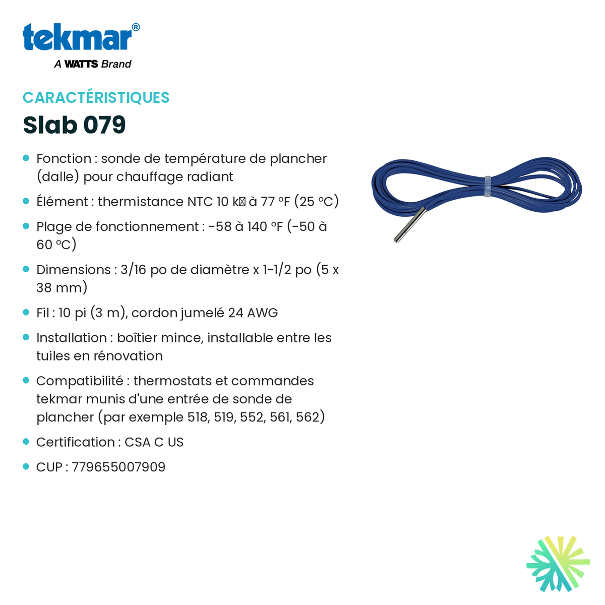 Fiche technique : Capteur TEKMAR Slab 079 — AirGreen, Montréal, Laval, Longueuil, Rive-Sud et Rive-Nord