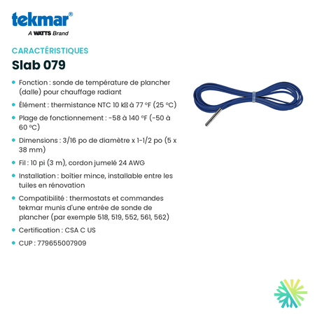 Fiche technique : Capteur TEKMAR Slab 079 — AirGreen, Montréal, Laval, Longueuil, Rive-Sud et Rive-Nord