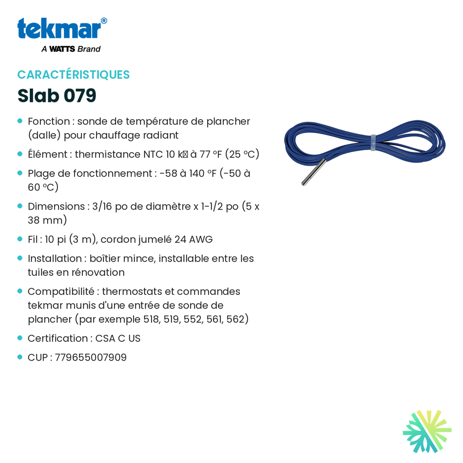 Fiche technique : Capteur TEKMAR Slab 079 — AirGreen, Montréal, Laval, Longueuil, Rive-Sud et Rive-Nord