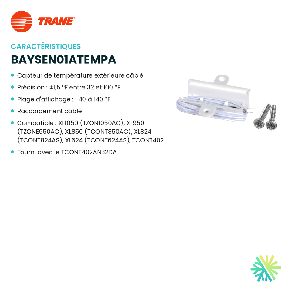 Fiche technique : Capteur TRANE BAYSEN01ATEMPA — AirGreen, Montréal, Laval, Longueuil, Rive-Sud et Rive-Nord