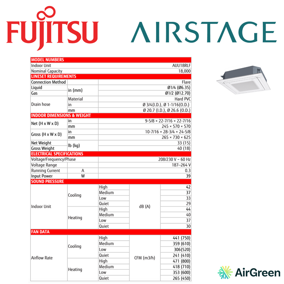 Fujitsu RLF Ceiling Cassette | 18 000 BTU | Installation in Montreal, Laval, Longueuil, South Shore & North Shore