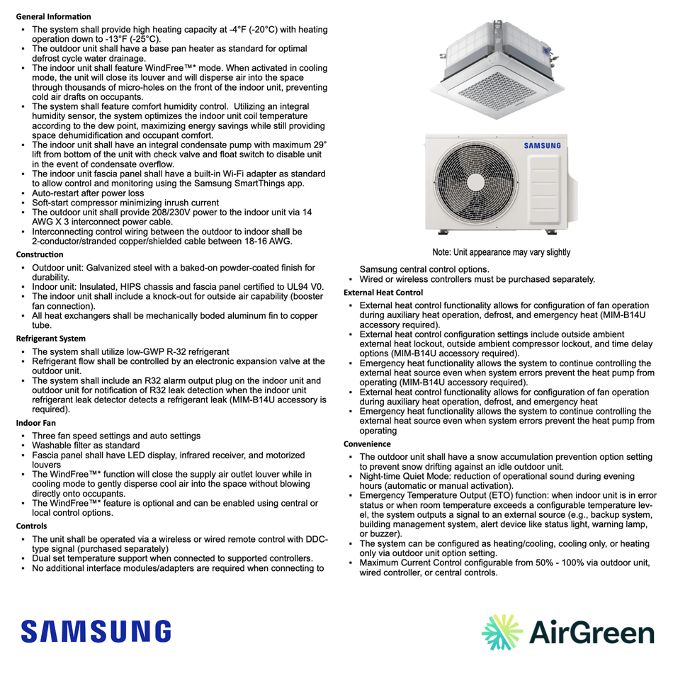 Cassette 4-Voies SAMSUNG WindFree R32 | 12 000 BTU
