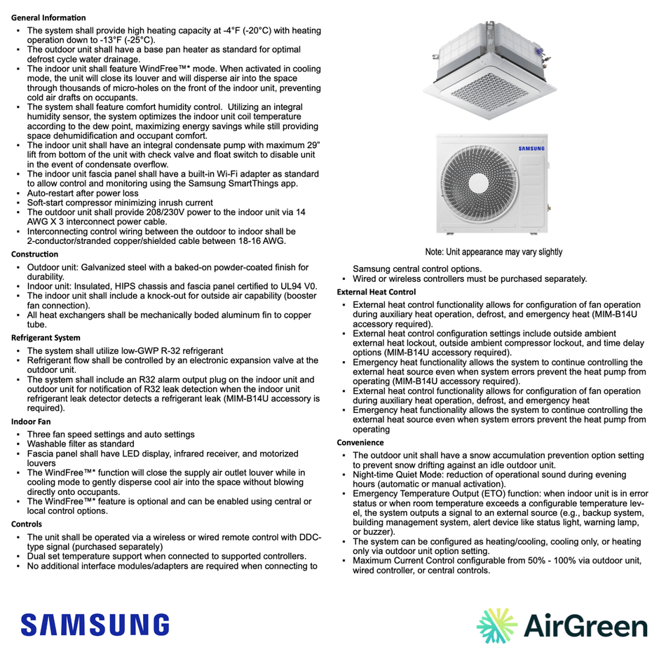 Cassette 4-Voies SAMSUNG WindFree R32 | 18 000 BTU