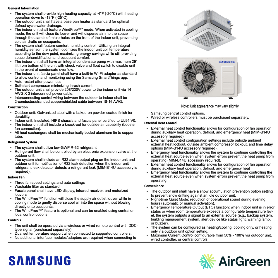Cassette 4-Voies SAMSUNG WindFree R32 | 9 000 BTU
