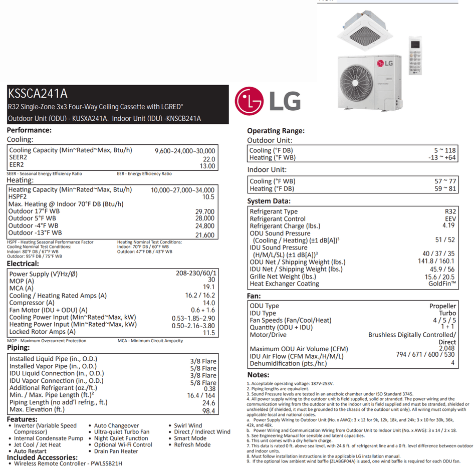 LG : Plafonnier de type cassette 3X3 LGRED | 24 000 BTU