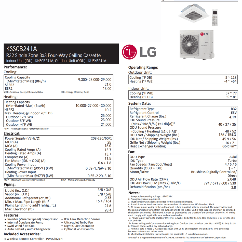 LG : Plafonnier de type cassette 3x3 | 24 000 BTU