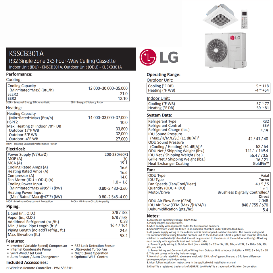 LG : Plafonnier de type cassette 3x3 | 30 000 BTU