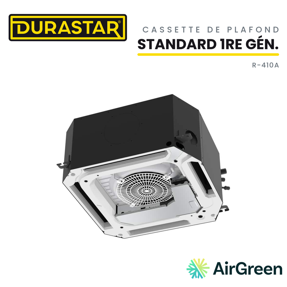 Cassette de Plafond 4-Voies DURASTAR Standard 1re génération | 18000 BTU - R410A — installée par AirGreen à Montréal, Laval, Longueuil, Rive-Sud et Rive-Nord