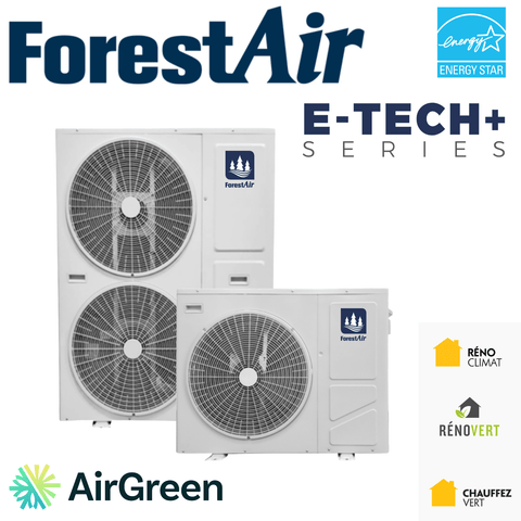 Thermopompe Centrale FORESTAIR E-TECH+| 4 Tonnes - 48 000 BTU displayed with logos and energy rating.