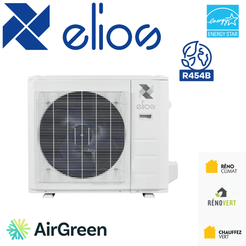 Thermopompe Centrale ELIOS R-454b | 2.5 Tonnes - 30 000 BTU, unité extérieure, logo Energy Star, pour chauffage et climatisation.