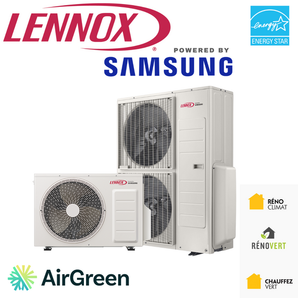 Lennox and Samsung air conditioning units with Energy Star certification and AirGreen, Rénoclimat, Rénovert, Chauffez Vert logos.