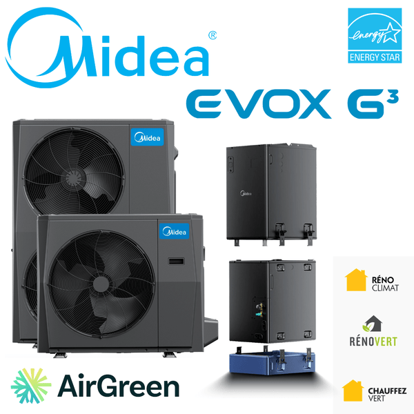 Midea Evox G3 energy-efficient air conditioning units and components with Energy Star certification and AirGreen logo.