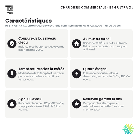 Caractéristiques de la chaudière électrique commerciale Thermo 2000 BTH ULTRA XL