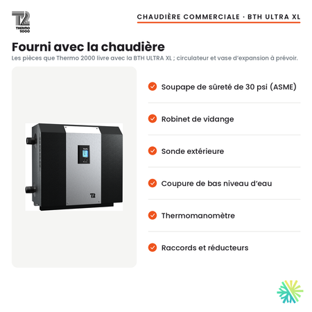 Pièces fournies avec la chaudière électrique commerciale Thermo 2000 BTH ULTRA XL