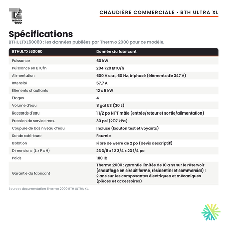 Spécifications de la chaudière électrique commerciale Thermo 2000 BTH ULTRA XL BTHULTXL60060 de 60 kW, 600 V triphasé