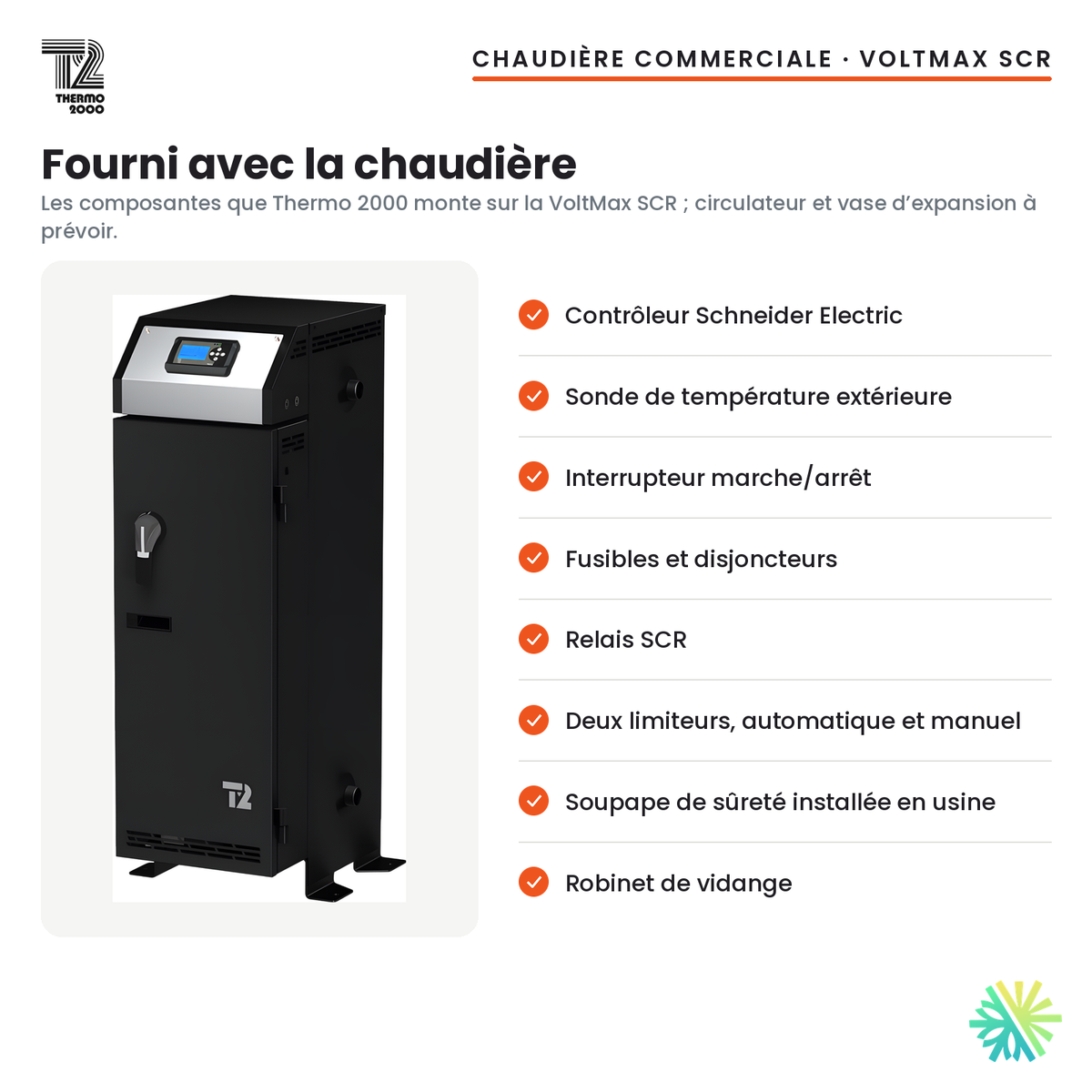 Composantes fournies avec la chaudière électrique commerciale Thermo 2000 VoltMax SCR