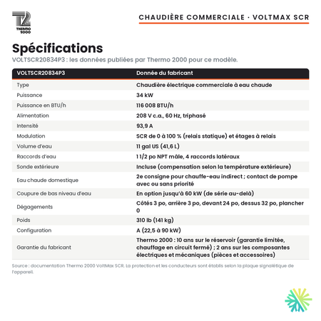 Spécifications de la chaudière électrique commerciale Thermo 2000 VoltMax SCR VOLTSCR20834P3 de 34 kW, 208 V triphasé