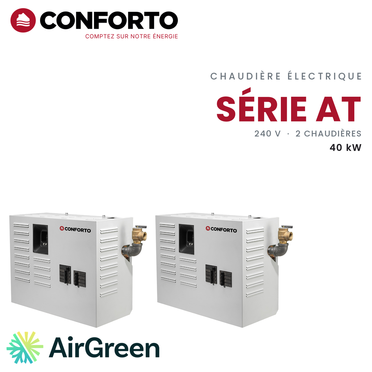 Chaudière électrique Conforto série AT AT4000 de 40 kW, système de deux chaudières, 240 V