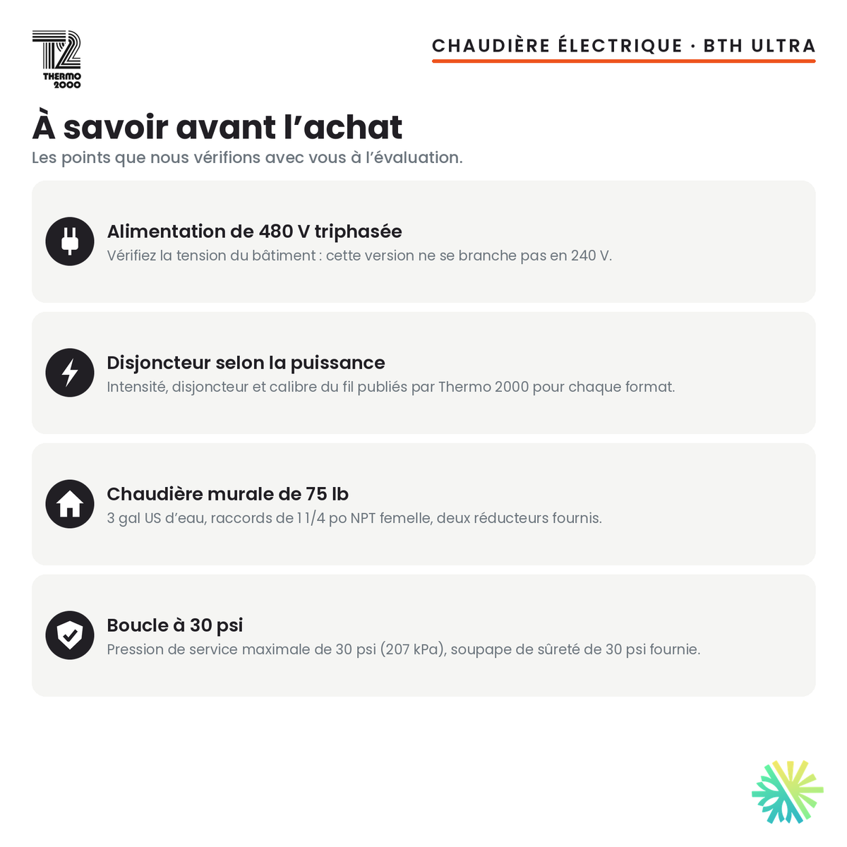 À savoir avant l’achat d’une chaudière électrique Thermo 2000 BTH ULTRA en 480 V