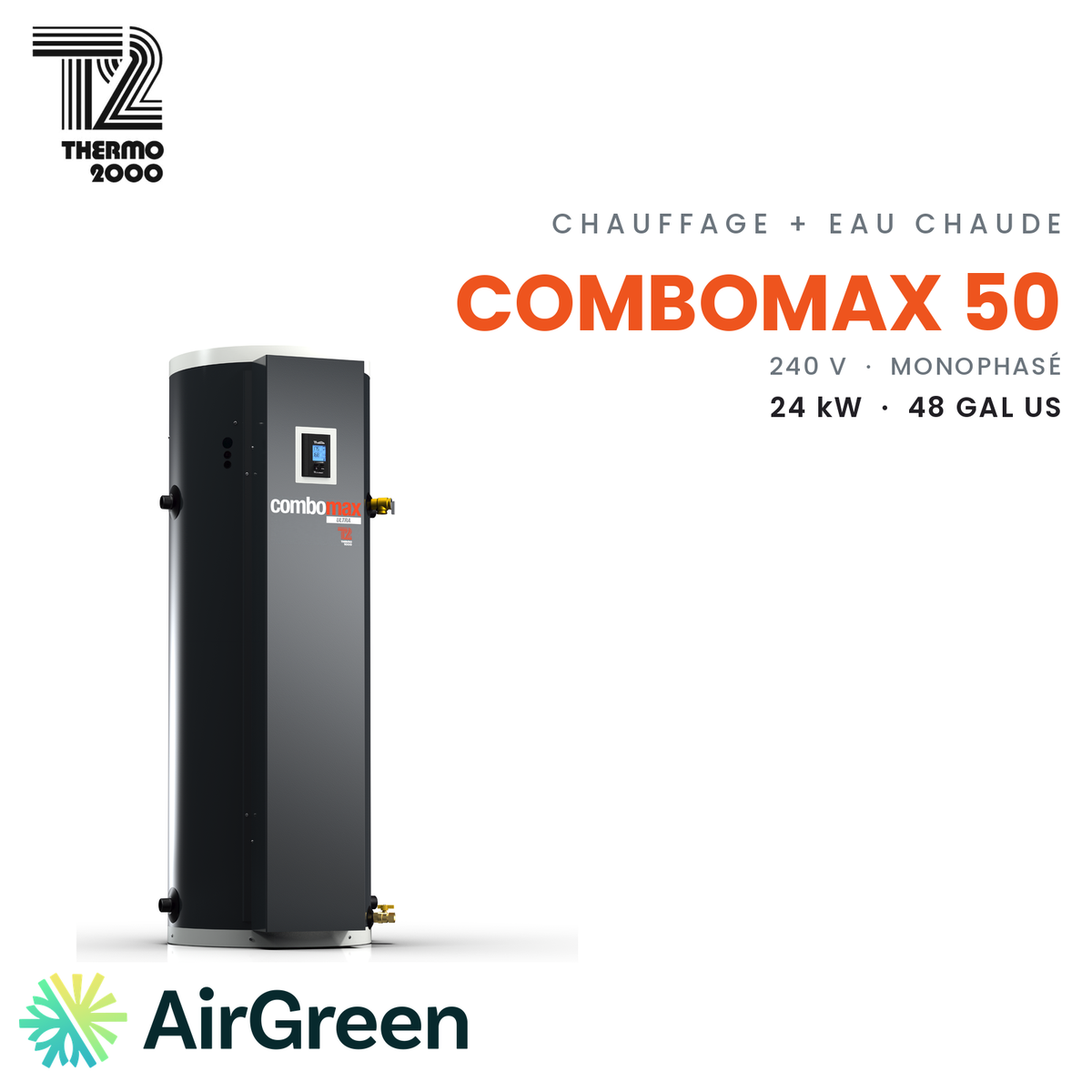 Chaudière électrique avec eau chaude intégrée Thermo 2000 ComboMax ULTRA 50 de 24 kW (48 gal US), 240 V monophasé