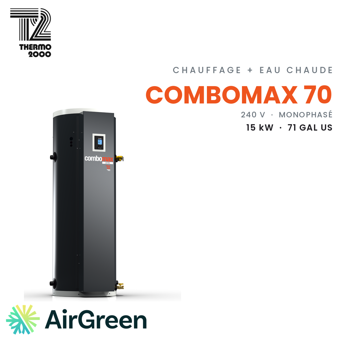 Chaudière électrique avec eau chaude intégrée Thermo 2000 ComboMax ULTRA 70 de 15 kW (71 gal US), 240 V monophasé