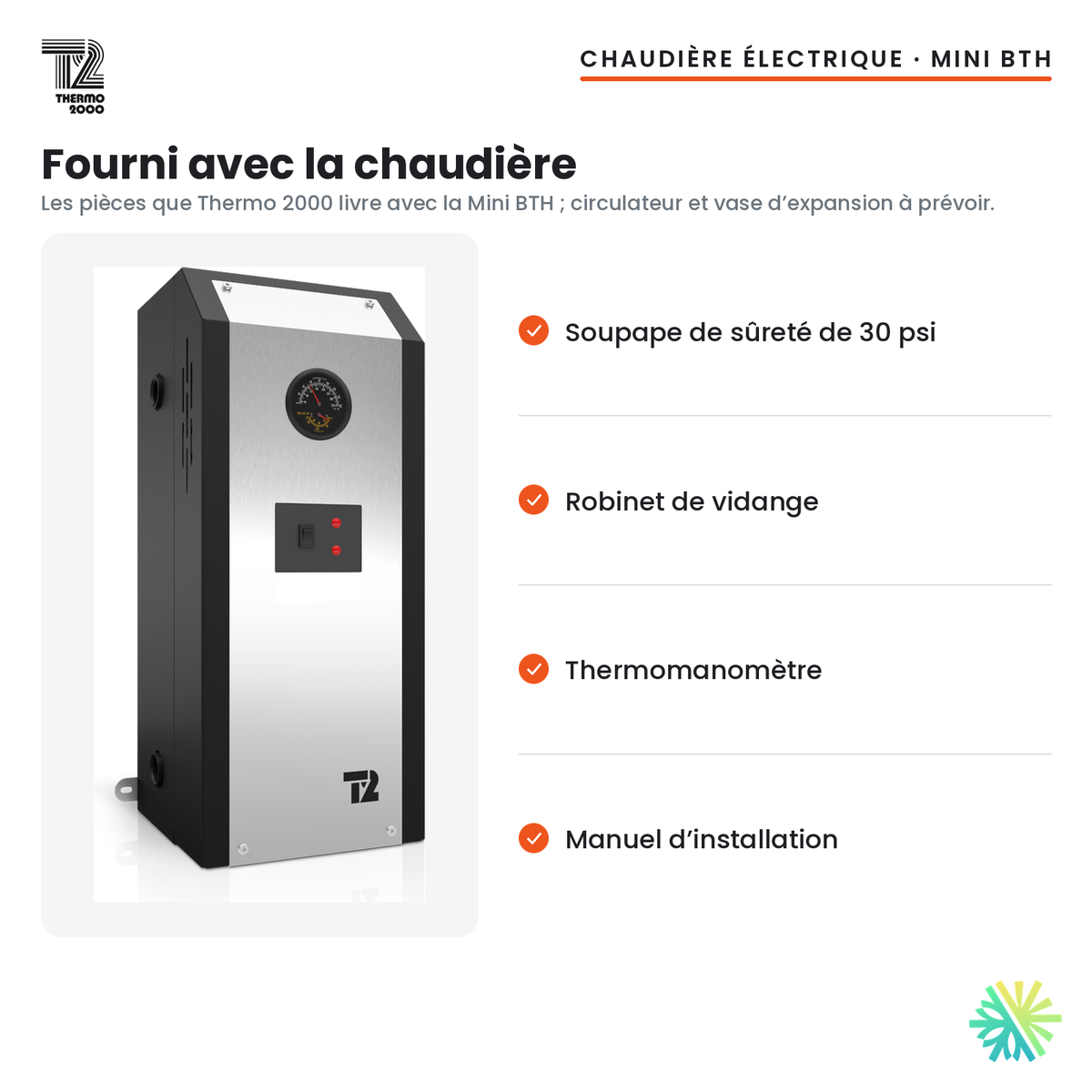 Pièces fournies avec la chaudière électrique Thermo 2000 Mini BTH