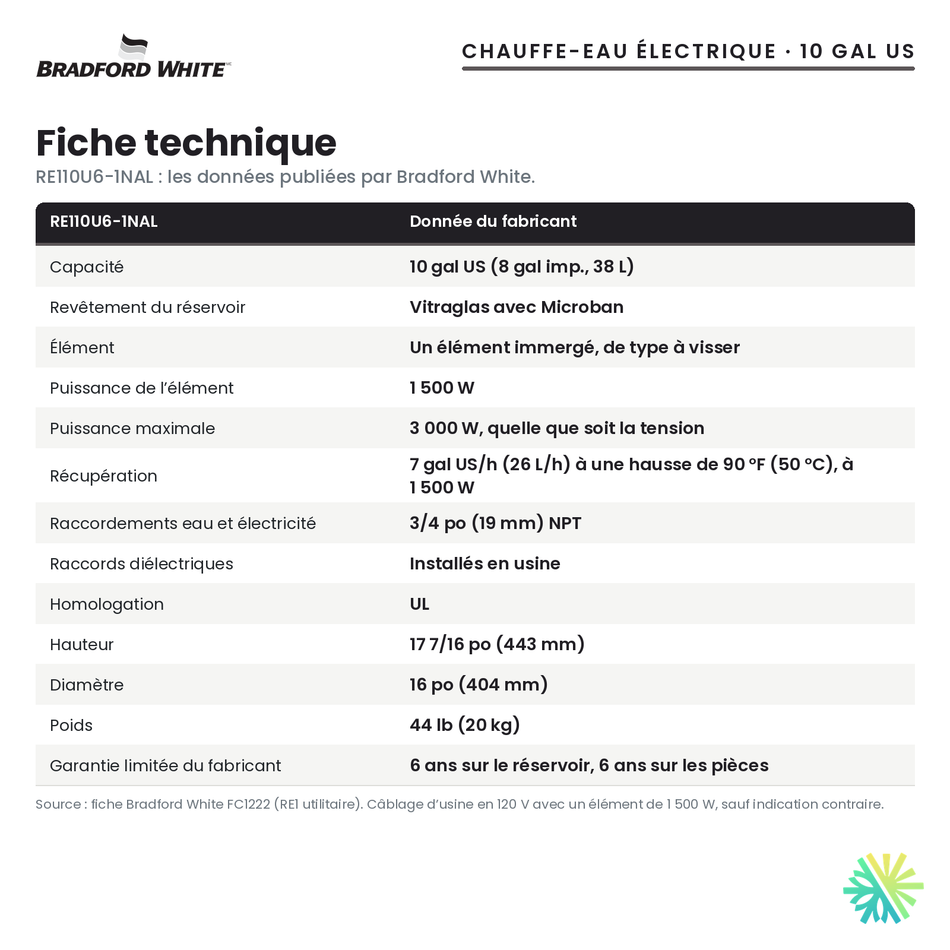 Fiche technique du chauffe-eau électrique Bradford White RE110U6-1NAL, 10 gal US