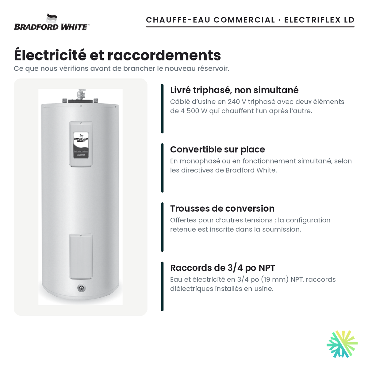 Électricité et raccordements du chauffe-eau électrique commercial Bradford White ElectriFLEX LD