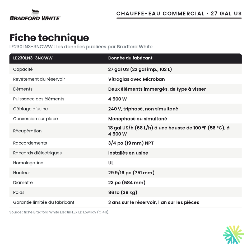 Fiche technique du chauffe-eau électrique commercial Bradford White LE230LN3-3NCWW, 27 gal US
