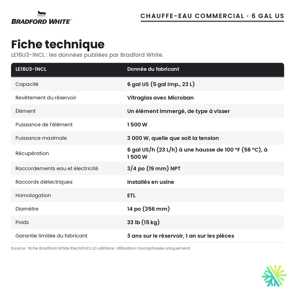 Fiche technique du chauffe-eau électrique commercial Bradford White LE16U3-1NCL, 6 gal US
