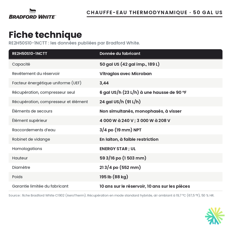 Fiche technique du chauffe-eau thermodynamique Bradford White RE2H50S10-1NCTT, 50 gal US