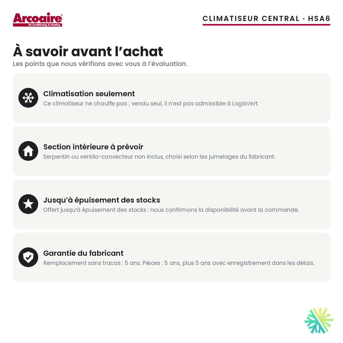 Climatiseur central Arcoaire HSA6 — à savoir avant l’achat