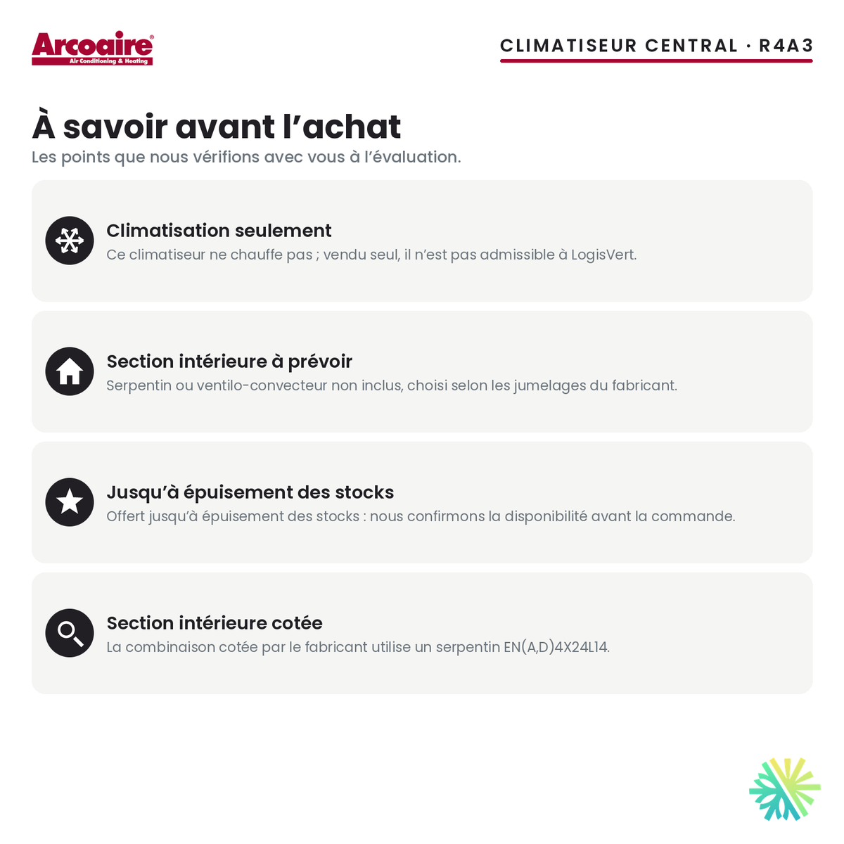 Climatiseur central Arcoaire R4A3 — à savoir avant l’achat