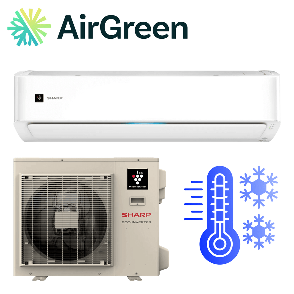 AirGreen branded Sharp eco inverter air conditioner with digital panel and cooling symbols, ideal for efficient temperature control.
