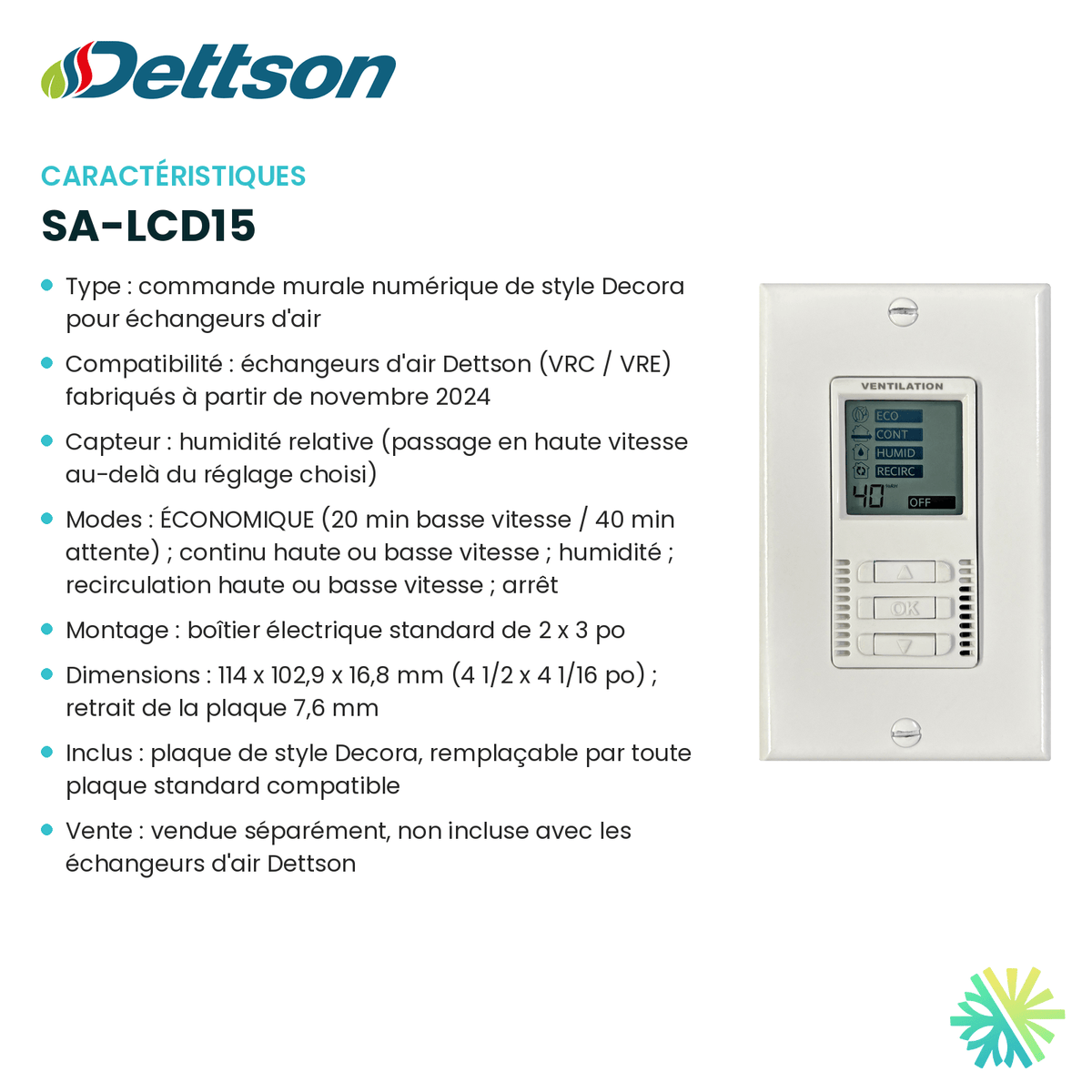 Fiche technique : Commande murale DETTSON SA-LCD15 — AirGreen, Montréal, Laval, Longueuil, Rive-Sud et Rive-Nord