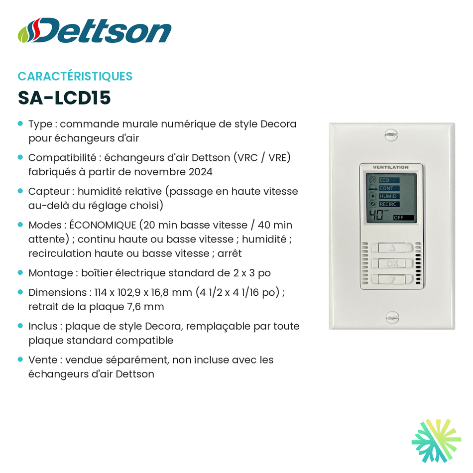 Fiche technique : Commande murale DETTSON SA-LCD15 — AirGreen, Montréal, Laval, Longueuil, Rive-Sud et Rive-Nord