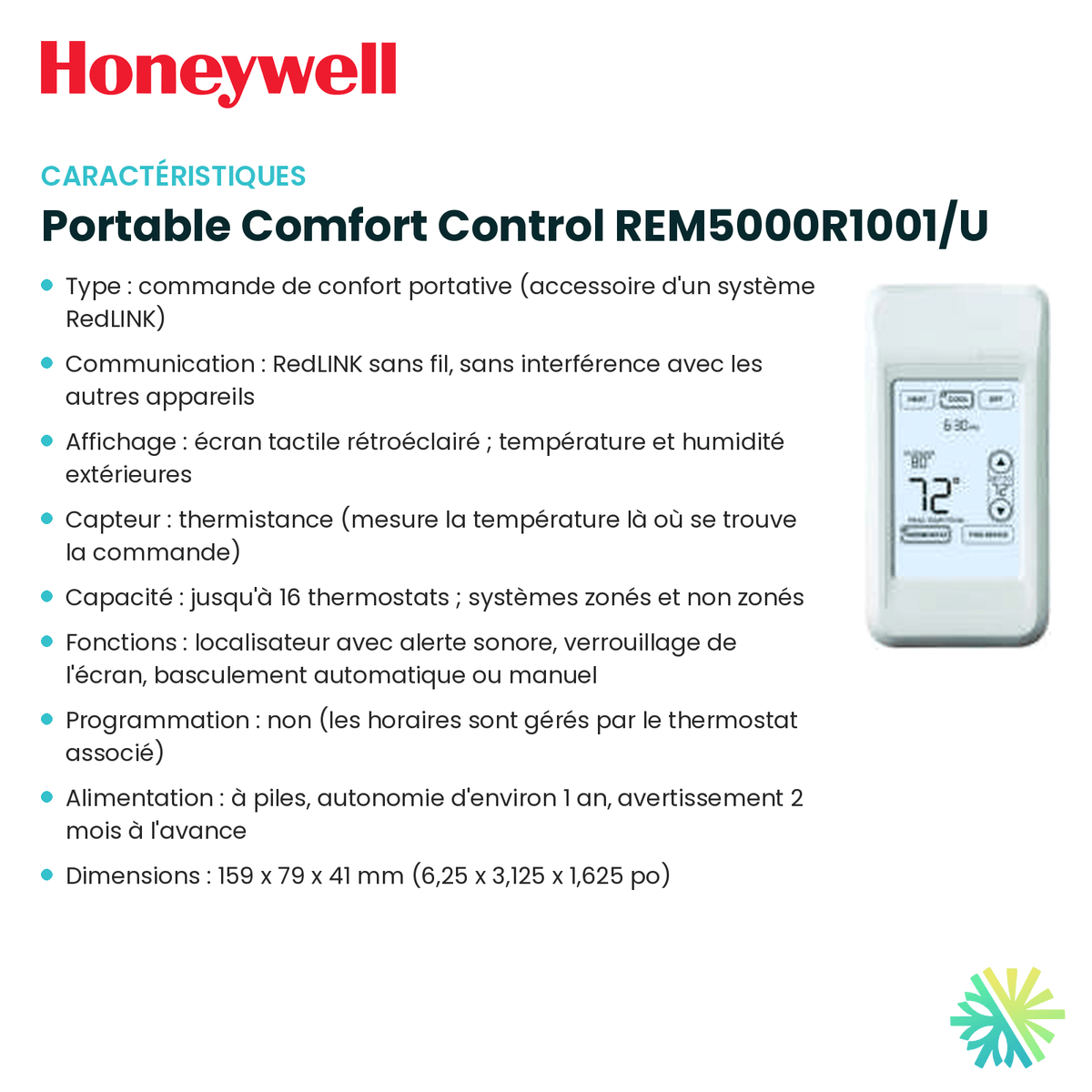 Fiche technique : Commande murale HONEYWELL Portable Comfort Control REM5000R1001/U — AirGreen, Montréal, Laval, Longueuil, Rive-Sud et Rive-Nord