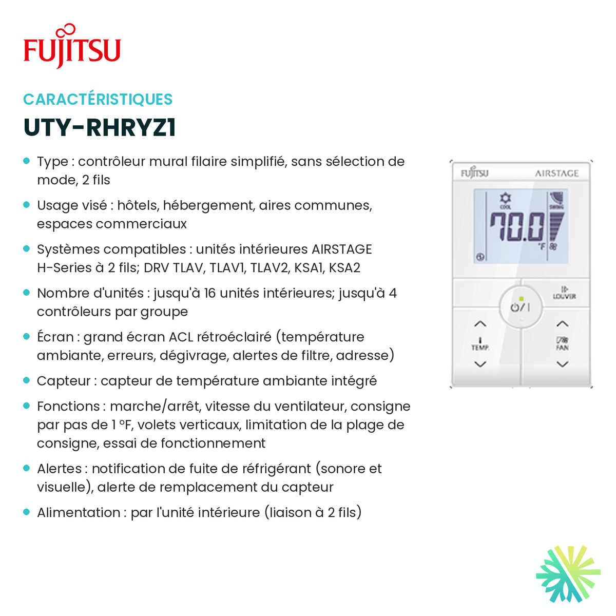 Fiche technique : Contrôleur mural FUJITSU UTY-RHRYZ1 — AirGreen, Montréal, Laval, Longueuil, Rive-Sud et Rive-Nord