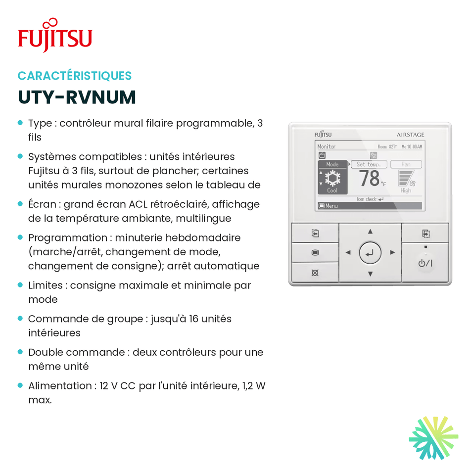 Fiche technique : Contrôleur mural FUJITSU UTY-RVNUM — AirGreen, Montréal, Laval, Longueuil, Rive-Sud et Rive-Nord