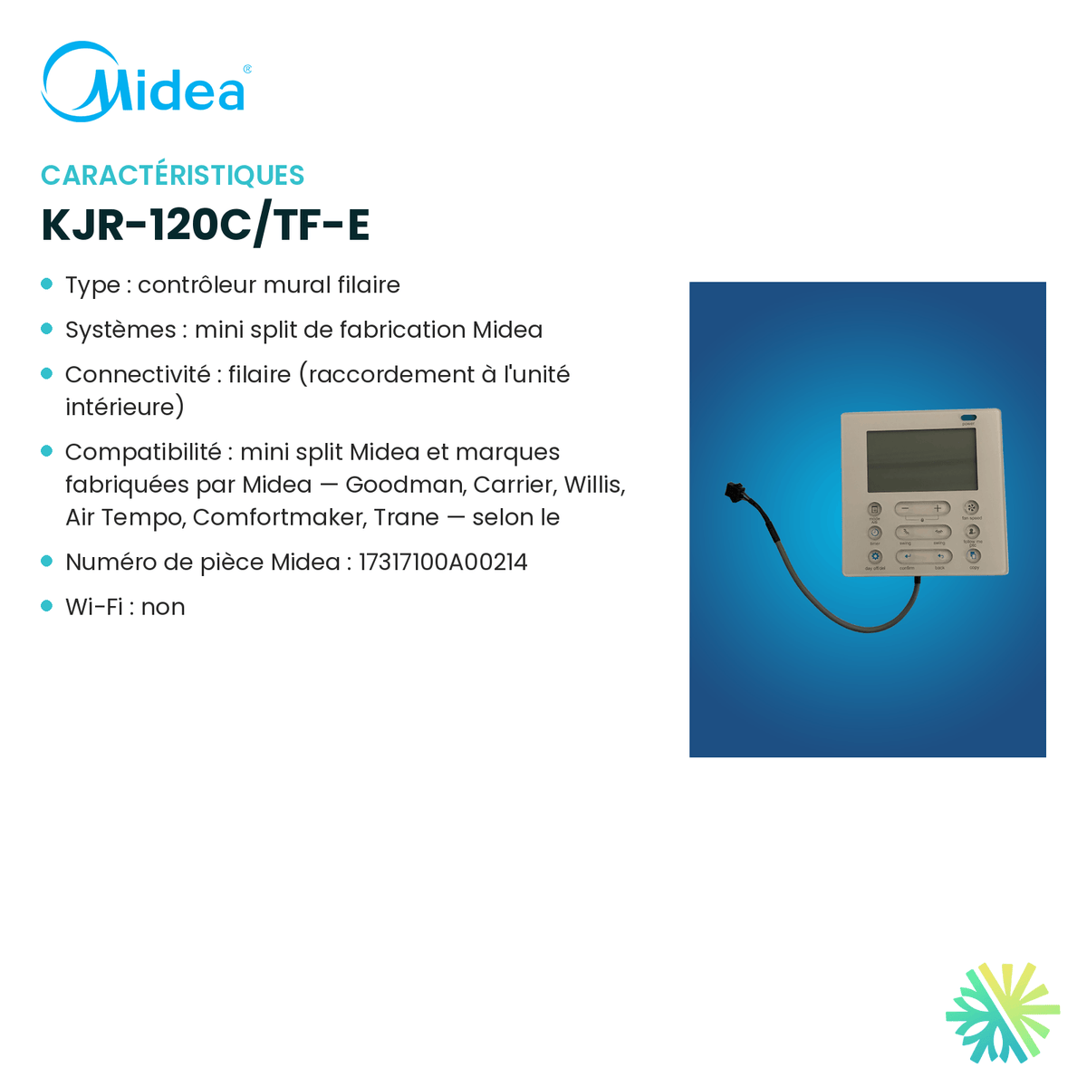 Fiche technique : Contrôleur mural MIDEA KJR-120C/TF-E — AirGreen, Montréal, Laval, Longueuil, Rive-Sud et Rive-Nord