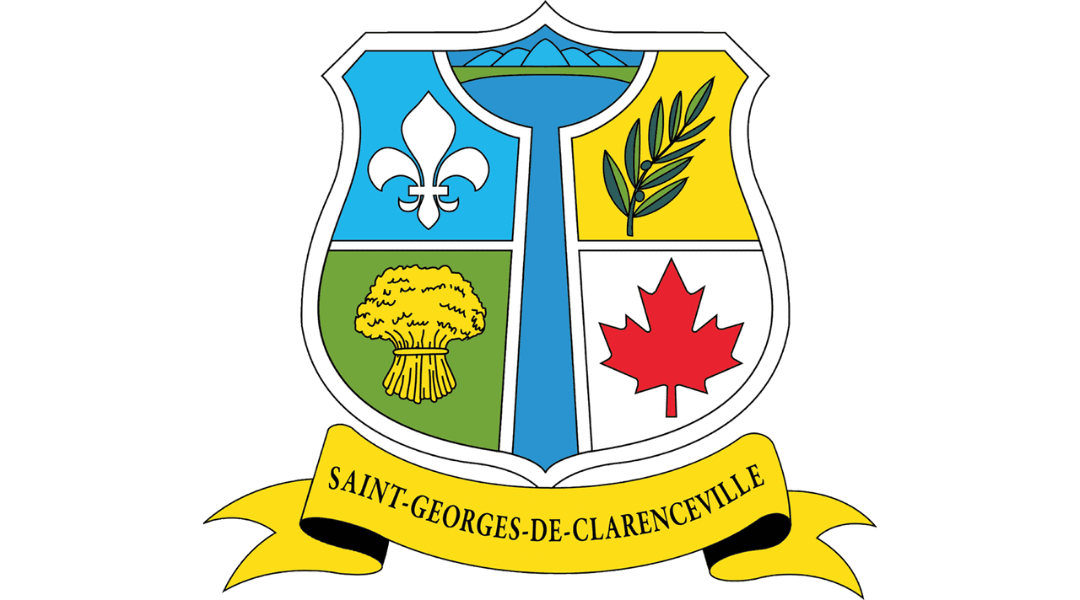 Coat of arms of Saint-Georges-de-Clarenceville featuring symbols like a fleur-de-lis, olive branch, wheat, and maple leaf.