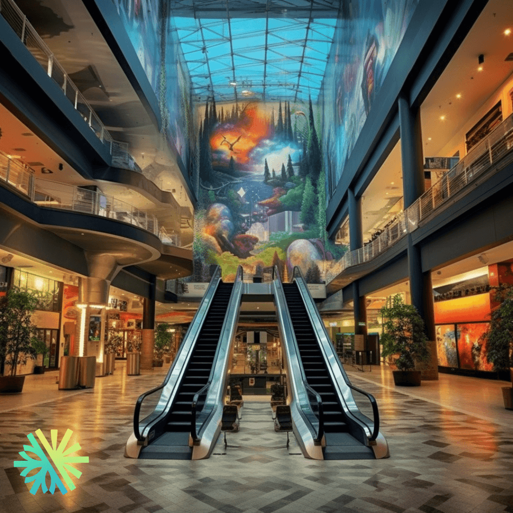 Shopping-centre atrium with a mural and escalators