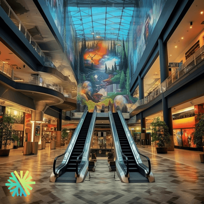 Shopping-centre atrium with a mural and escalators